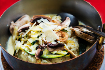 risotto with fresh cream, salted chicken, rehydrated ceps and mushrooms