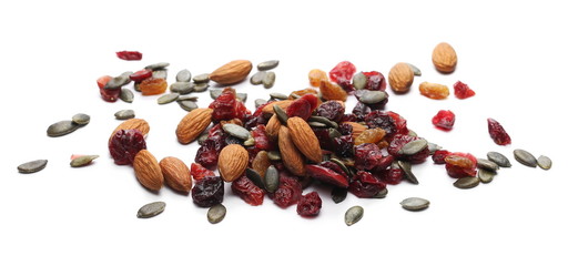 Power mix, dry blueberries, cherries, raisins, pumpkin seeds and raw almonds isolated on white background 