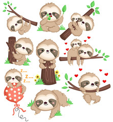 a vector of a cute sloth in many position © Inkley
