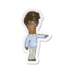 retro distressed sticker of a cartoon man in glasses pointing