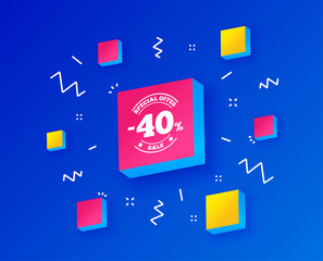 40 percent discount sign icon. Sale symbol. Special offer label. Isometric cubes with geometric shapes. Creative shopping banners. Template for design. Vector