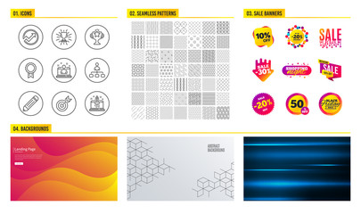 Seamless pattern. Shopping mall banners. Set of Audit, Best manager and Management icons. Reward, Victory and Trophy signs. Pencil, Target and Start business symbols. Vector