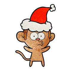 textured cartoon of a surprised monkey wearing santa hat