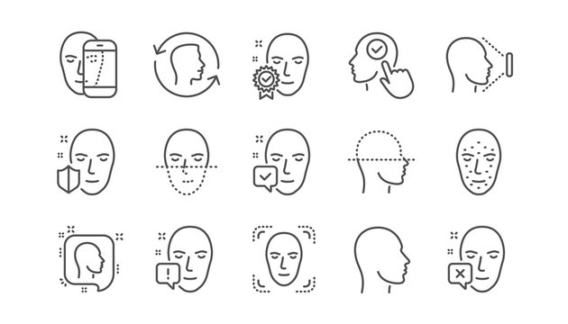 Face recognize line icons. Biometrics detection, Face id and scanning. Identification linear icon set.  Vector