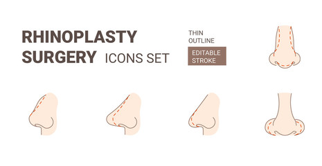 Fototapeta na wymiar Rhinoplasy plastic surgery icons set with editable stroke