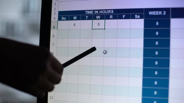 Hand pointing at pc screen, people filling in online visiting log, time in hours