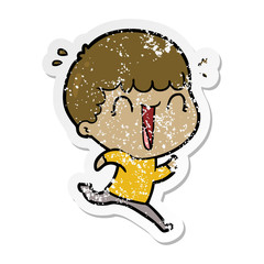 distressed sticker of a laughing cartoon man running