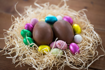 easter, confectionery and holidays concept - chocolate eggs in foil wrappers in straw nest on wooden table