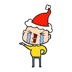 comic book style illustration of a crying bald man wearing santa hat