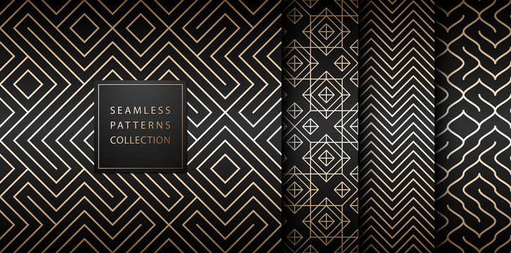 Geometric seamless golden pattern background. Simple vector graphic black print. Repeating line abstract texture set. Minimalistic shapes. Stylish trellis square gold grid. Geometry web page fill.