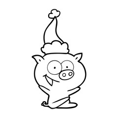 cheerful sitting pig line drawing of a wearing santa hat