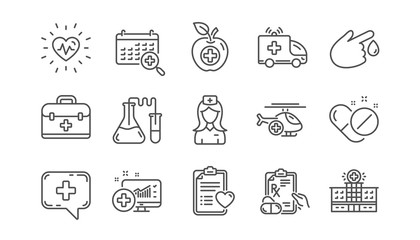 Medical line icons. Hospital assistance, Health food diet and Laboratory. Chemistry linear icon set. Vector