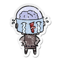 distressed sticker of a cartoon crying robot