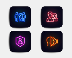 Neon glow lights. Set of Partnership, Security and Teamwork icons. Face id sign. Business startup, Private protection, Man with woman. Phone scanning.  Neon icons. Glowing light banners. Vector