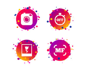 Hipster retro photo camera icon. Manual focus symbols. Stopwatch timer off sign. Macro symbol. Gradient circle buttons with icons. Random dots design. Vector