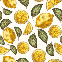 Lemons and leaves hand drawn vector seamless pattern