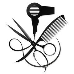Scissors and comb design for a beauty salon - obrazy, fototapety, plakaty