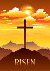 Risen. Easter illustration. Greeting card with cross and clouds.