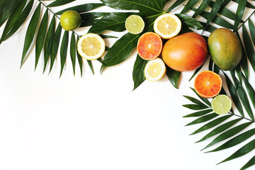 Exotic composition of fresh mango, lemons, oranges, lime fruit and lush green palm and aralia leaves isolated on white table background. Tropical summer vacation concept. Flat lay, top view.