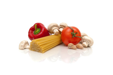 mushrooms, vegetables and pasta on a white background