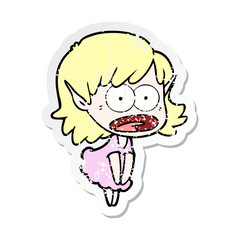 distressed sticker of a cartoon shocked elf girl