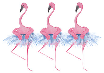 Funny flamingos ballerinas. Watercolor illustration