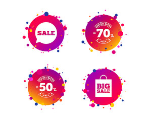 Sale speech bubble icon. 50% and 70% percent discount symbols. Big sale shopping bag sign. Gradient circle buttons with icons. Random dots design. Vector