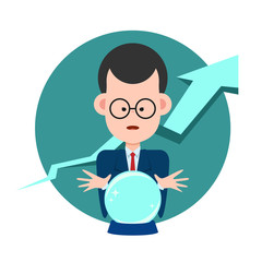 Forecasting concept with business man using the crystal ball to forecast future business and arrow up background vector design