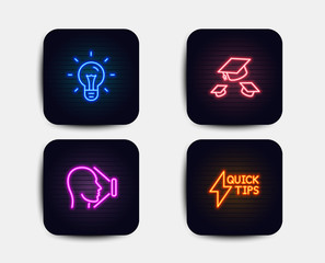 Neon glow lights. Set of Throw hats, Idea and Face id icons. Quickstart guide sign. College graduation, Light bulb, Identification system. Lightning symbol.  Neon icons. Glowing light banners. Vector