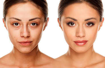 Comparision portrait of young woman without, and with makeup on a white background