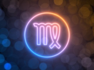 glowing neon sign of Virgo with blurred bokeh background. 3d illustration