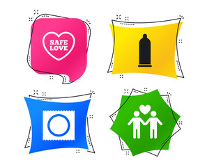 Condom safe sex icons. Lovers Gay couple signs. Male love male. Heart symbol. Geometric colorful tags. Banners with flat icons. Trendy design. Vector