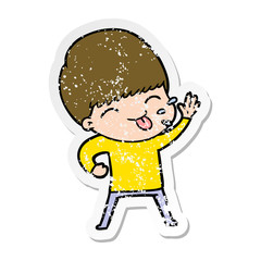 distressed sticker of a happy cartoon boy