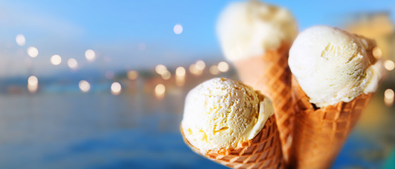 Ice cream with mediterranean background
