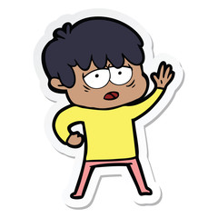 sticker of a cartoon exhausted boy