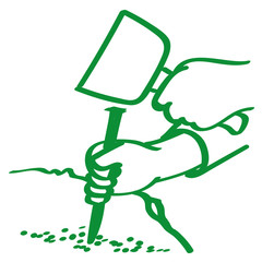 Handgezeichnete Hände bearbeiten Stein mit Meißel in grün