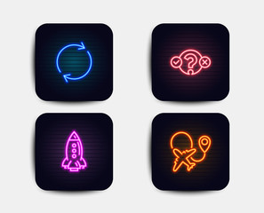 Neon glow lights. Set of Quiz test, Rocket and Full rotation icons. Airplane sign. Select answer, Spaceship, Refresh or reload. Plane.  Neon icons. Glowing light banners. Vector