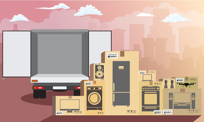 Delivery service. Delivery truck with rear view over cityscape with stack of carton boxes. Flat style, vector illustration.
