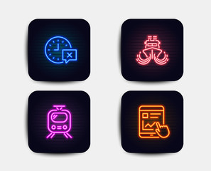 Neon glow lights. Set of Train, Time and Ship icons. Internet report sign. Tram, Remove alarm, Shipping watercraft. Web tutorial.  Neon icons. Glowing light banners. Vector