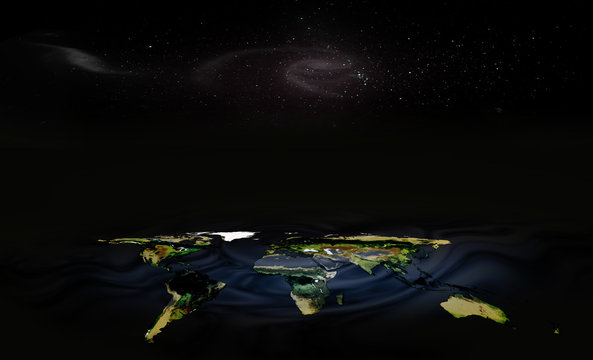 Conceptual ceiling stars and galaxy and planet earth continents map ground floor in a dark background. Copy space for your text in the center. Elements of this image furnished by NASA.