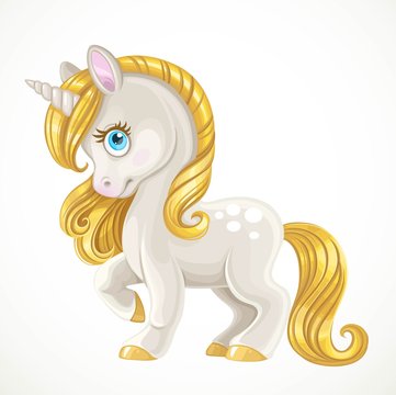 Cute unicorn with a golden mane isolated on white background