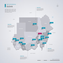 Sudan vector map with infographic elements, pointer marks.