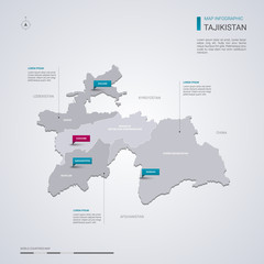 Tajikistan vector map with infographic elements, pointer marks.