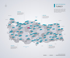 Turkey vector map with infographic elements, pointer marks.