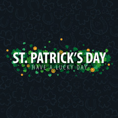 Saint Patricks Day banner. Clover leaves with coins on dark background. Vector Illustration.