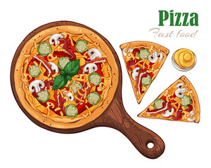 Vector illustrations on the fast food theme: pizza on a board. Isolated objects for your design. Each object can be changed and moved.