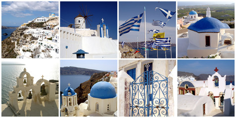 Travel photos collage of Santorini, Cyclades island, Greece