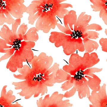 Seamless Watercolor Pattern With Red Flowers