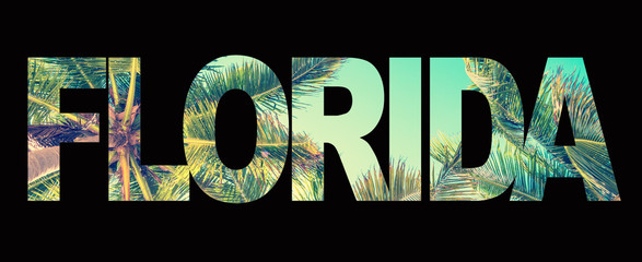 Word Florida with palm trees on black background