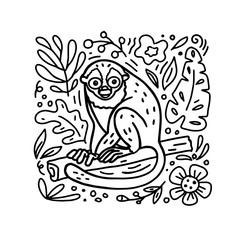 Hand drawn doodle style Night Monkey illustration with floral elements. Vector coloring book. For childrens books, clothes prints, textile.